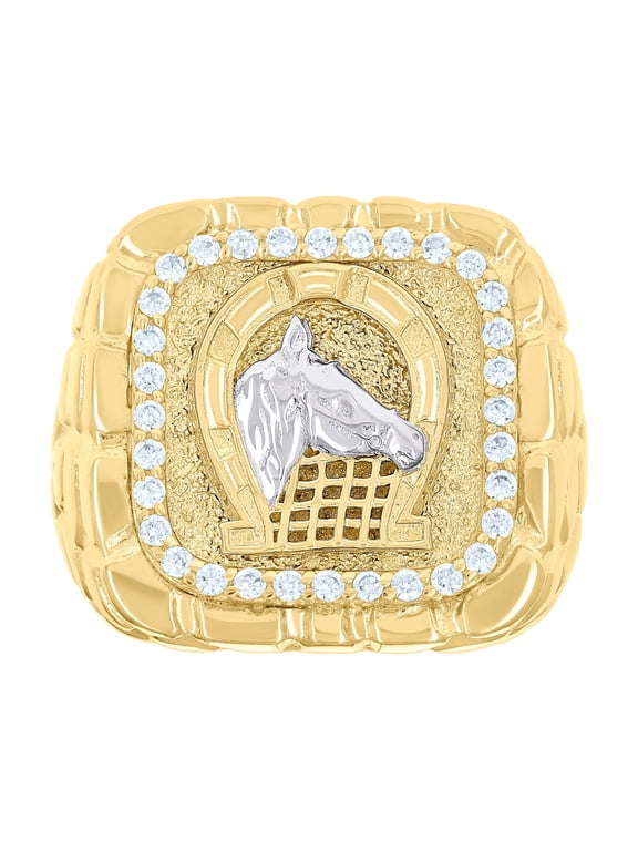 10kt Two-tone Gold Mens Cubic-Zirconia Horse Head Horseshoe Good Luck Square Head Nugget Ring, Mens Size: 10
