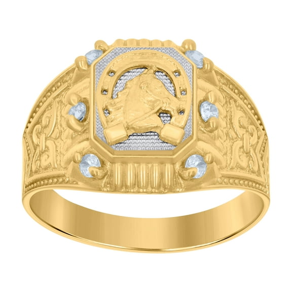 10kt Two-tone Gold Mens Cubic-Zirconia Horseshoe Good Luck Ring, Mens Size: 10
