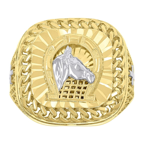 10kt Two-tone Gold Mens Horse Head Horseshoe Good Luck Square Head Cuban Border Ring
