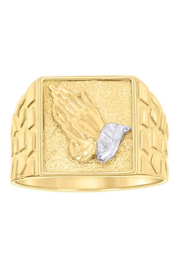 10kt Two-tone Gold Mens Praying Hands Symbol Religious Square Head Nugget Ring, Mens Size: 10