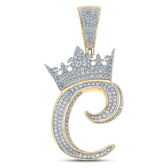 10kt Two-tone Gold Mens Round Diamond Crown C Letter Charm Pendant 1-1/3 Cttw