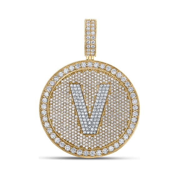 10kt Two-tone Gold Mens Round Diamond V Initial Letter Charm Pendant 3-3/4 Cttw
