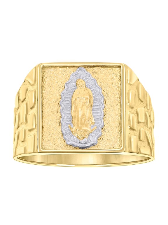 10kt Two-tone Gold Mens Square Head Guadalupe Religious Nugget Ring, Mens Size: 10