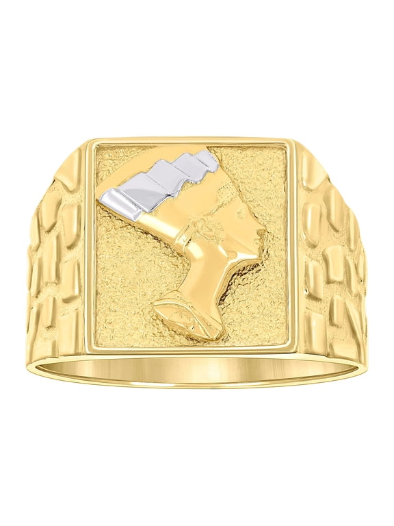 10kt Two-tone Gold Mens Square Head Nefertiti Egyptian Nugget Ring, Mens Size: 10