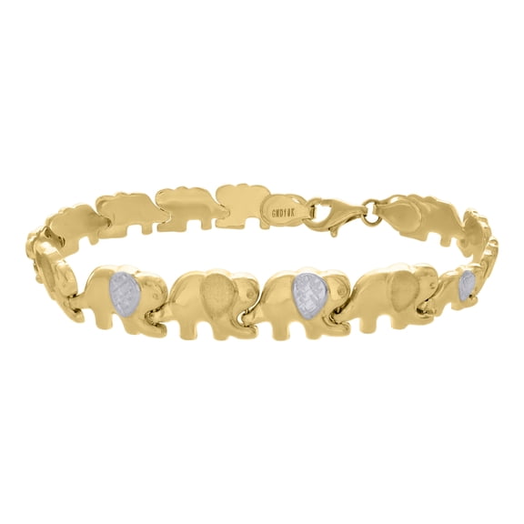 10k Two-tone Gold Womens Elephant Good Luck Link 7" Bracelet for Women