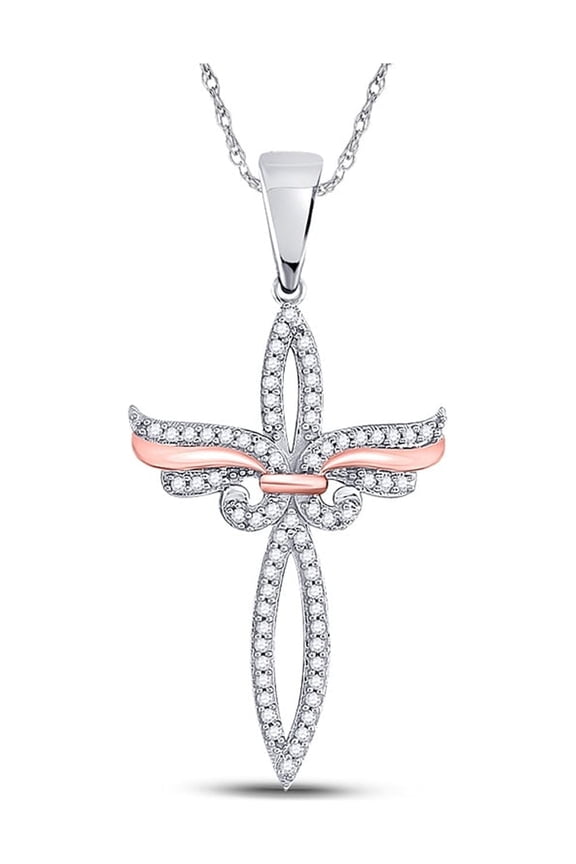 10kt Two-tone Gold Womens Round Diamond Angel Cross Pendant 1/5 Cttw