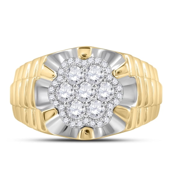 10kt Two-tone Yellow White Gold Mens Round Diamond Flower Cluster Ribbed Ring 1.00 Cttw