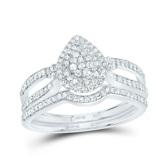 10kt White Gold 1/2 Cttw Diamond Pear Double Halo Wedding Engagement Anniversary Bridal Set, Women Size: 5-9