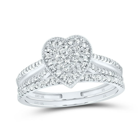 10kt White Gold 3/8 Cttw Natural Diamond Heart Single Halo Wedding Engagement Anniversary Bridal Set, Women Size: 5-9