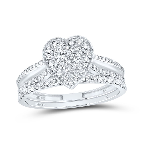 10kt White Gold 3/8 Cttw Natural Diamond Heart Single Halo Wedding Engagement Anniversary Bridal Set, Women Size: 5-9