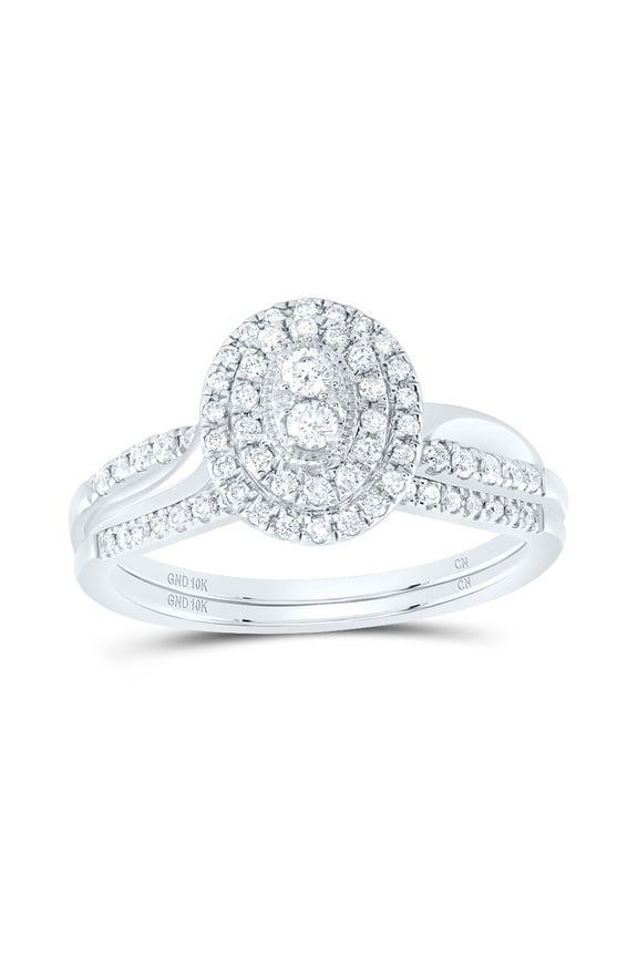10kt White Gold 3/8 Cttw Natural Diamond Oval Double Halo Wedding Engagement Anniversary Bridal Set, Women Size: 5-9