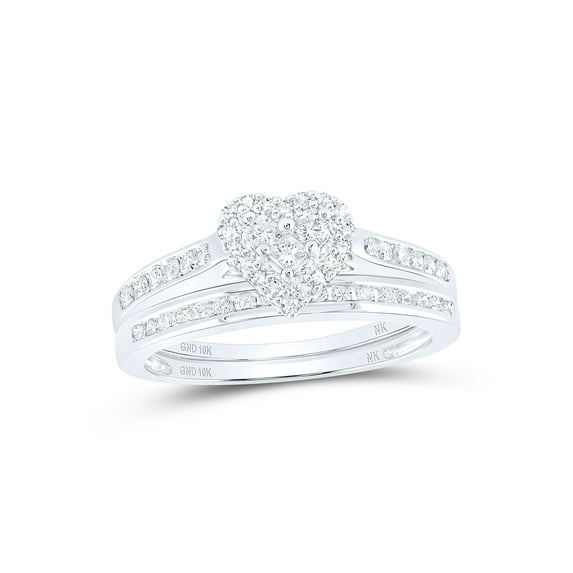 10kt White Gold Diamond Heart Bridal Wedding Ring Band Set 1/2 Cttw
