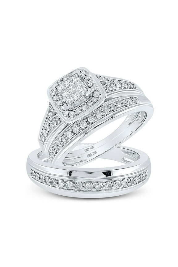 10kt White Gold His Hers Princess Diamond Square Matching Wedding Set 3/4 Cttw