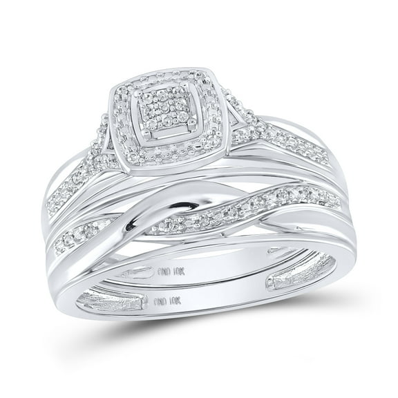 10kt White Gold His & Hers Round Diamond Cluster Matching Bridal Wedding Ring Band Set 1/10 Cttw