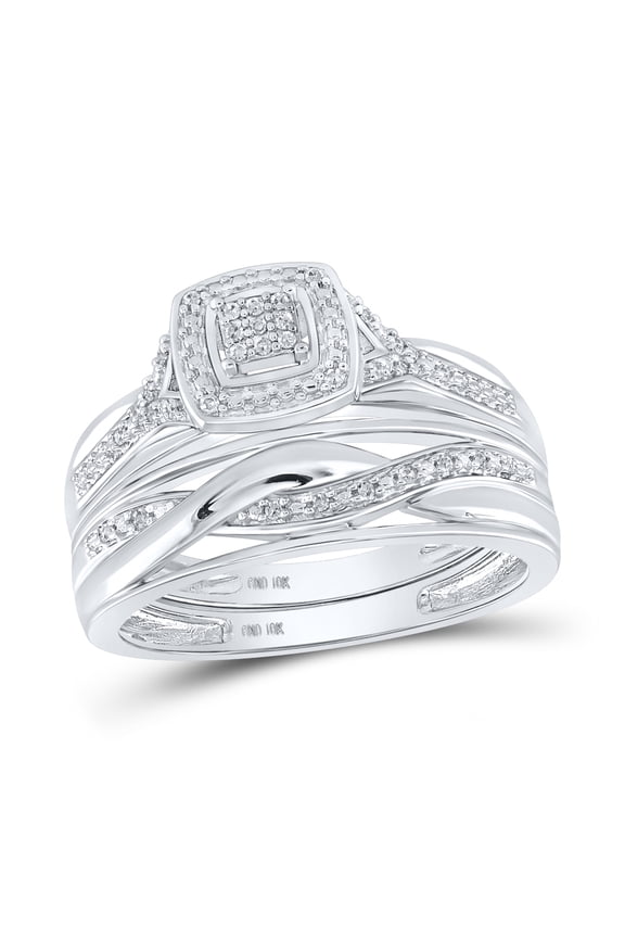 10kt White Gold His & Hers Round Diamond Cluster Matching Bridal Wedding Ring Band Set 1/10 Cttw