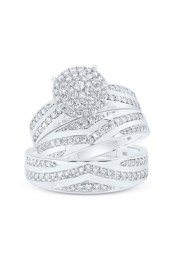 10kt White Gold His Hers Round Diamond Cluster Matching Wedding Set 1-1/5 Cttw