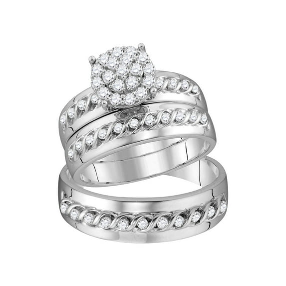 10kt White Gold His Hers Round Diamond Cluster Matching Wedding Set 3/4 Cttw
