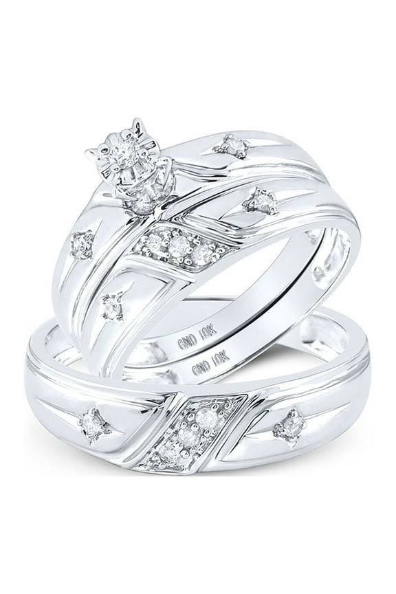 10kt White Gold His Hers Round Diamond Cross Matching Wedding Set 1/5 Cttw