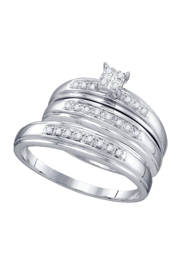 10kt White Gold His & Hers Round Diamond Square Cluster Matching Bridal Wedding Ring Band Set 1/5 Cttw
