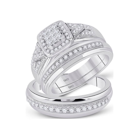 10kt White Gold His Hers Round Diamond Square Matching Wedding Set 3/4 Cttw