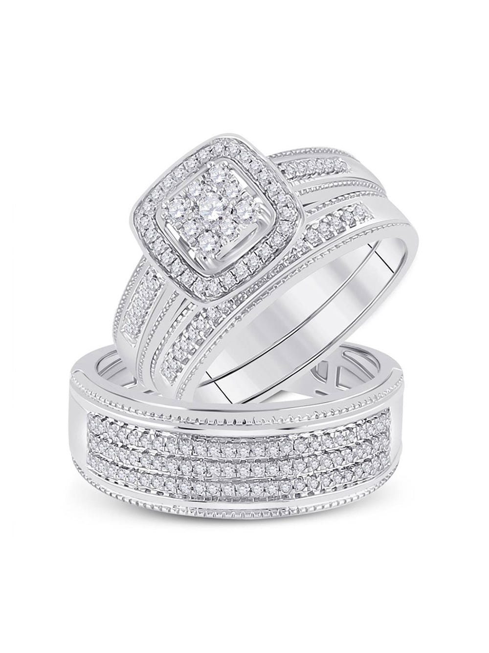10kt White Gold His Hers Round Diamond Square Matching Wedding Set 5/8 Cttw