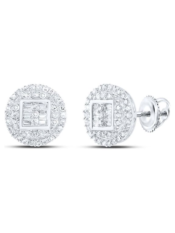 10kt White Gold Mens Baguette Diamond Circle Cluster Earrings 1/2 Cttw