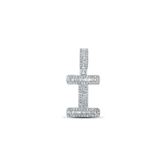 10kt White Gold Mens Baguette Diamond I Initial Letter Pendant 3/8 Cttw
