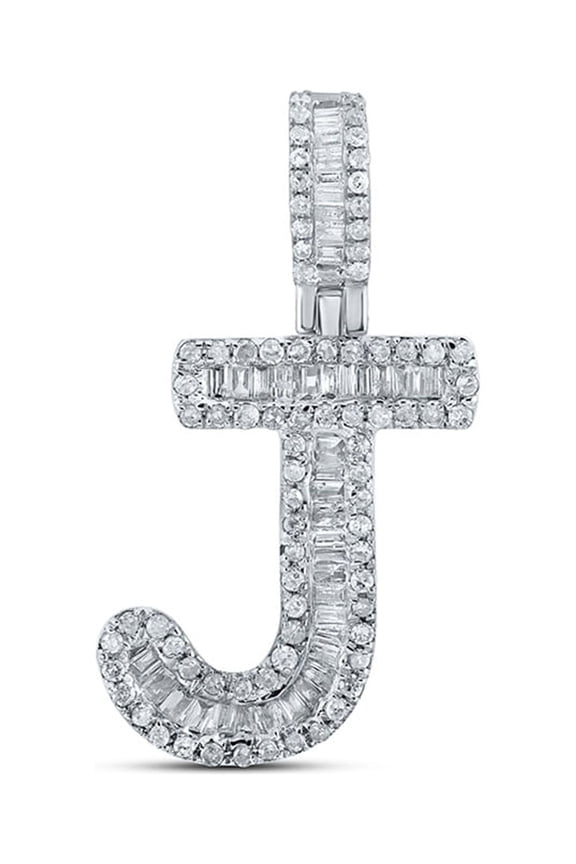 10kt White Gold Mens Baguette Diamond J Initial Letter Pendant 3/8 Cttw