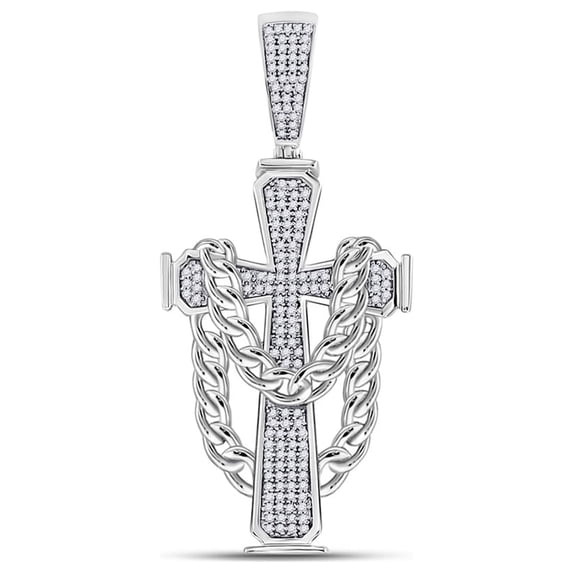 10kt White Gold Mens Round Diamond Cross Charm Pendant 3/8 Cttw