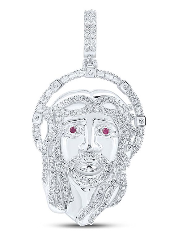 10kt White Gold Mens Round Diamond Ruby Jesus Face Charm Pendant 1-3/4 Cttw
