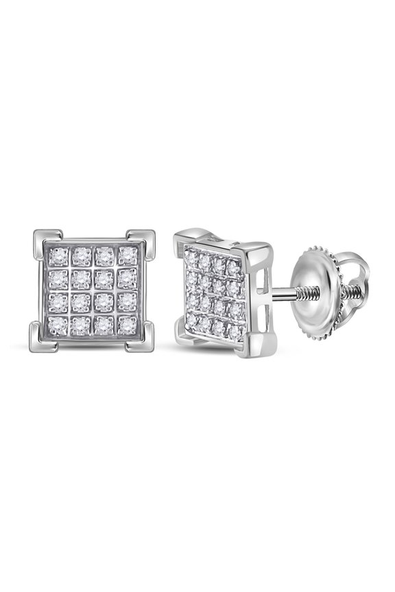 10kt White Gold Mens Round Diamond Square Earrings 1/10 Cttw