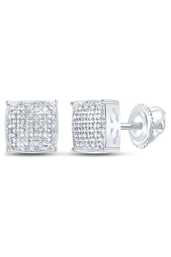 10kt White Gold Mens Round Diamond Square Earrings 1/8 Cttw