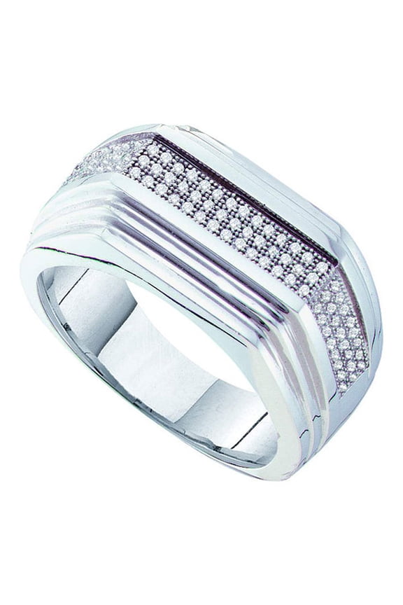 10kt White Gold Mens Round Pave-set Diamond Ridged Flat Band Ring 1/3 Cttw