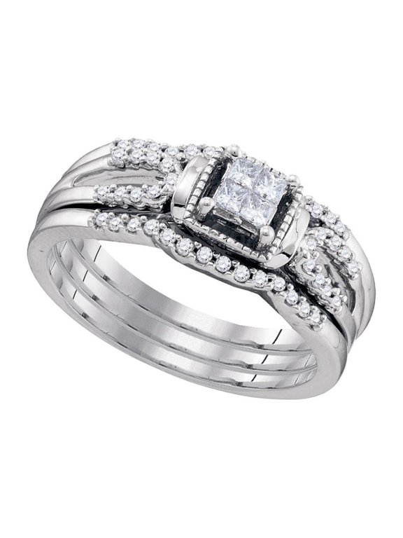 10kt White Gold Princess Diamond 3-Piece Bridal Wedding Ring Band Set 1/4 Cttw