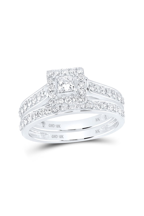 10kt White Gold Princess Diamond Bridal Wedding Ring Band Set 7/8 Cttw