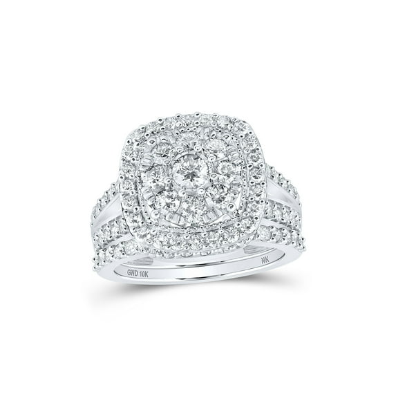10kt White Gold Round Diamond Cluster Bridal Wedding Ring Band Set 1-7/8 Cttw
