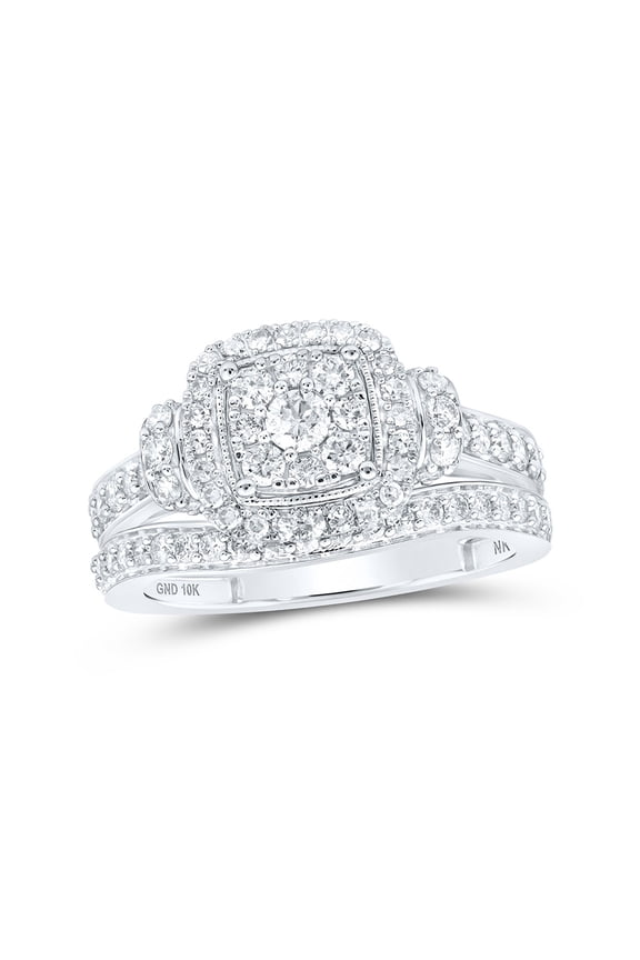 10kt White Gold Round Diamond Halo Bridal Wedding Ring Band Set 1 Cttw