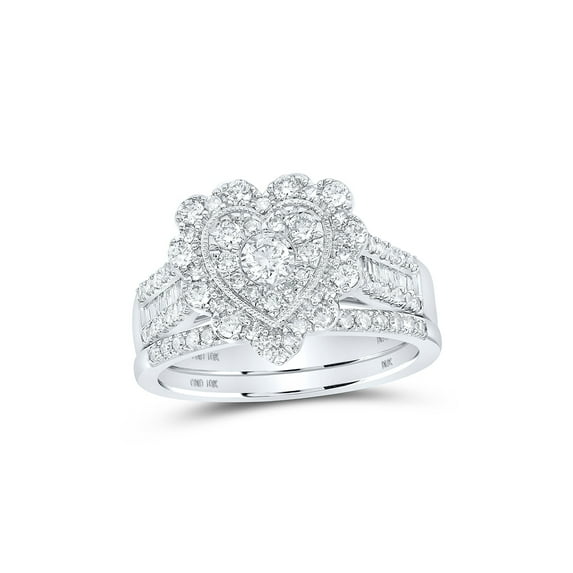 10kt White Gold Round Diamond Heart Bridal Wedding Ring Band Set 7/8 Cttw