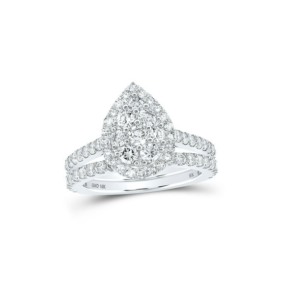10kt White Gold Round Diamond Teardrop Bridal Wedding Ring Band Set 1 Cttw