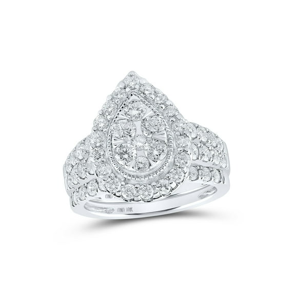 10kt White Gold Round Diamond Teardrop Cluster Bridal Wedding Ring Band Set 2 Cttw