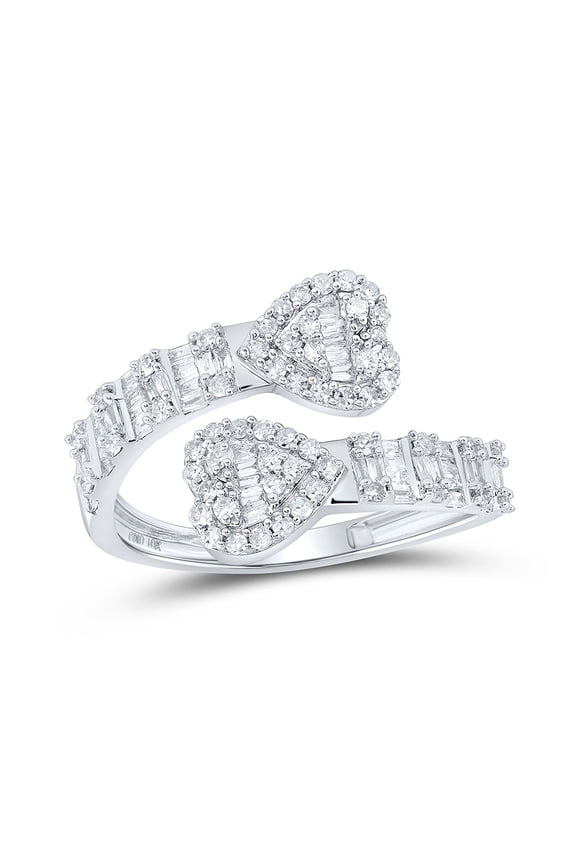 10kt White Gold Womens Baguette Diamond Cuff Bypass Heart Ring 5/8 Cttw