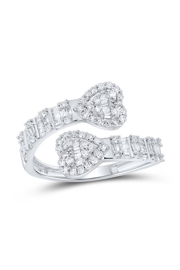 10kt White Gold Womens Baguette Diamond Cuff Bypass Heart Ring 5/8 Cttw