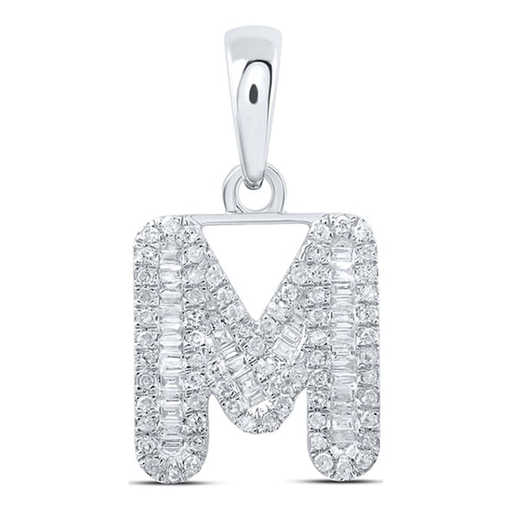 10kt White Gold Womens Baguette Diamond M Initial Letter Pendant 3/8 Cttw
