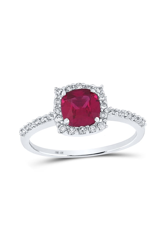 10kt White Gold Womens Cushion Synthetic Ruby Diamond Solitaire Ring 1-1/2 Cttw