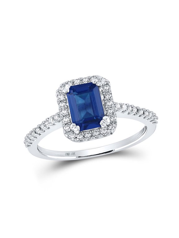 10kt White Gold Womens Emerald Lab-Created Blue Sapphire Solitaire Ring 1-3/4 Cttw