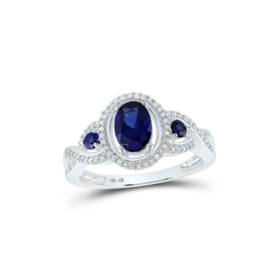 10kt White Gold Womens Oval Lab-Created Blue Sapphire 3-stone Ring 1-1/2 Cttw