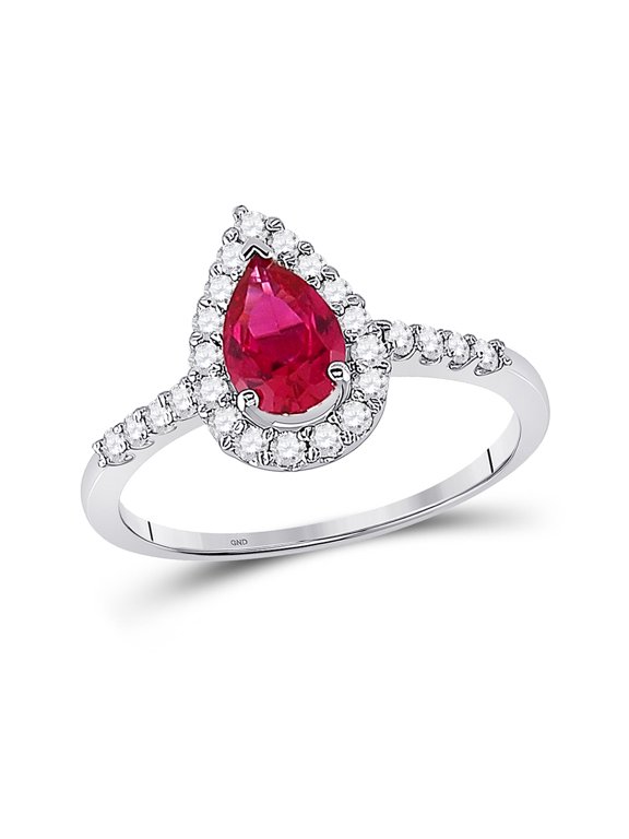 10kt White Gold Womens Pear Synthetic Ruby Solitaire Diamond Frame Ring 1-1/5 Cttw