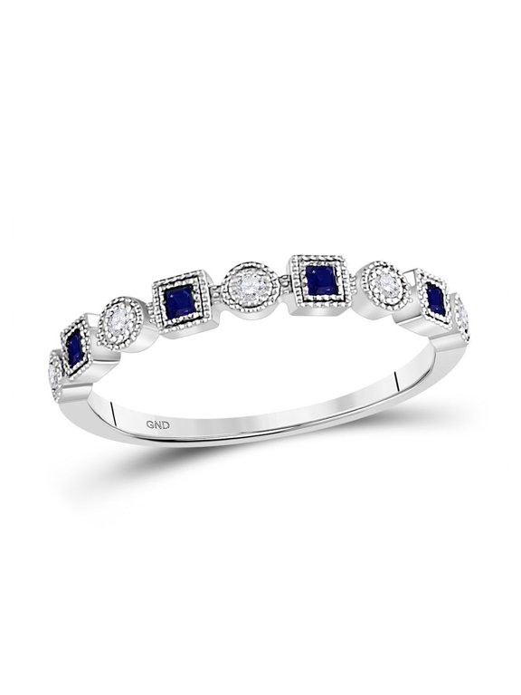 10kt White Gold Womens Princess Blue Sapphire Diamond Stackable Band Ring 1/8 Cttw