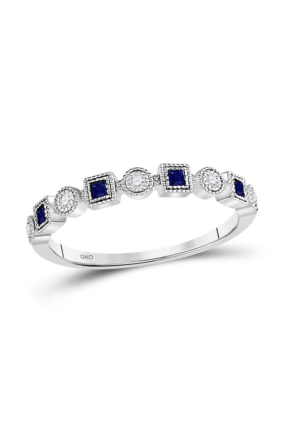 10kt White Gold Womens Princess Blue Sapphire Diamond Stackable Band Ring 1/8 Cttw