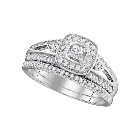 10kt White Gold Womens Princess Diamond Square Halo Bridal Wedding Engagement Ring Band Set 1/2 Cttw